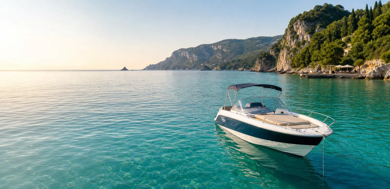 A private boat floating in clear turquoise water near the Corfu coastline